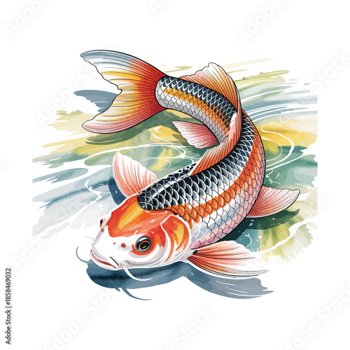 Watercolor Koi Fish Illustration with Orange and Black Scales in Rippling Water