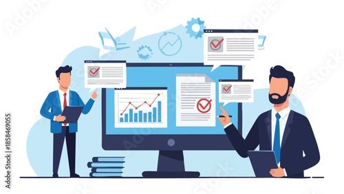 Businessmen analyzing financial data on computer screens.