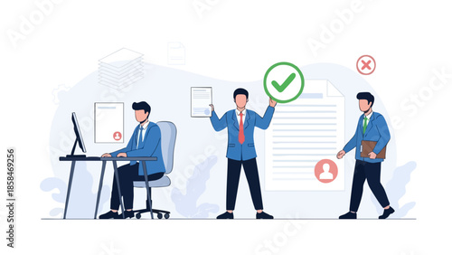 Businessmen evaluating candidates with positive and negative feedback.