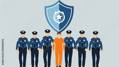 Police Officers Guarding a Prisoner Under a Shield Symbol.