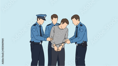 Police officers arresting a handcuffed suspect.