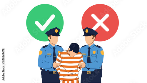 Police Officers Escorting a Prisoner Between Correct and Incorrect Symbols.