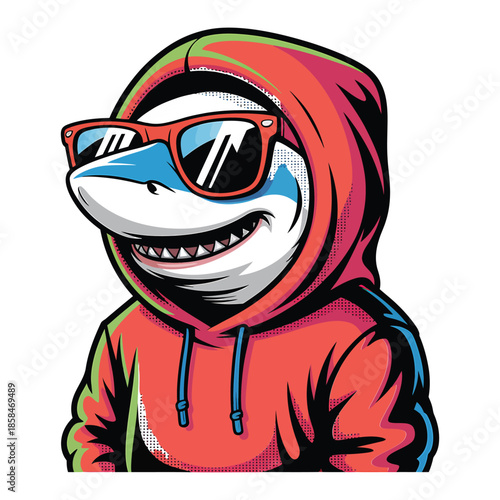 Cool Shark Character in Red Hoodie and Sunglasses, Streetwear Style Illustration