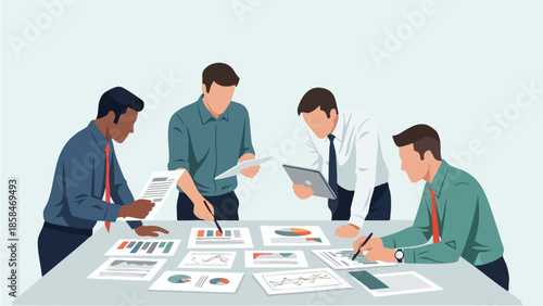 Diverse team collaborating on business strategy documents.