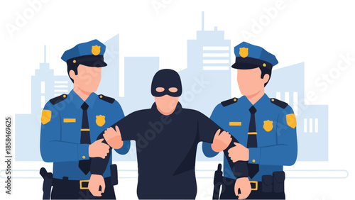 Police officers arresting a masked suspect in a city.