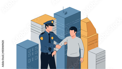 Police officer apprehending a civilian in urban setting.