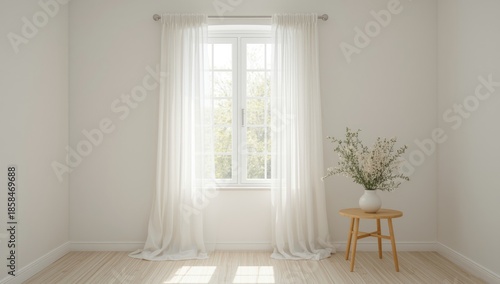 Interior window with curtain serving as a background for text placement, soft natural light
