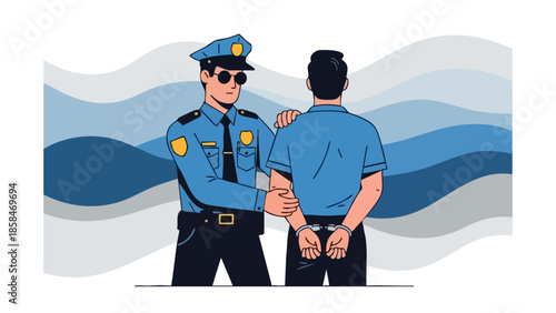 Police officer arresting a suspect with handcuffs.