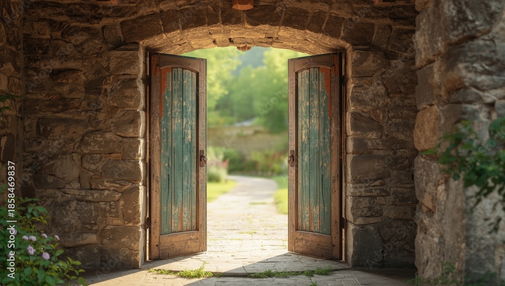 Obraz premium Weathered wooden door set in a stone wall highlights historic architecture, suitable for restoration projects