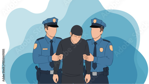 Two police officers escorting a suspect.