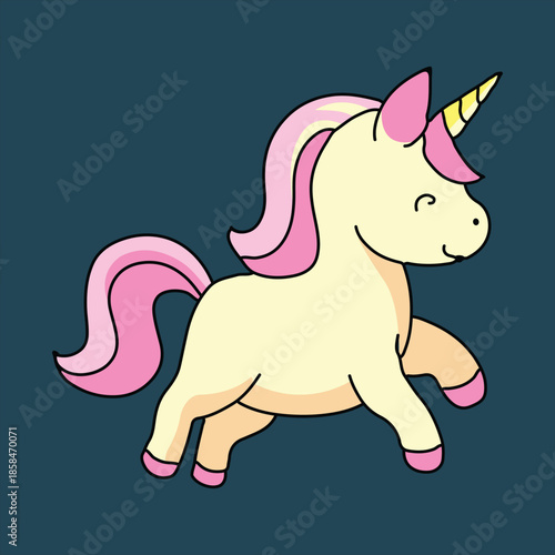 A cute cartoon unicorn with a cheerful expression and vibrant pink mane and tail prancing