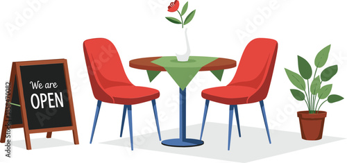 Cozy street cafe interior vector illustration with round table red chairs green plant and we are open sign board