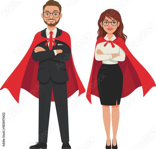 Business superhero couple standing confidently, man and woman professionals wearing red capes, leadership teamwork success concept, flat vector illustration
