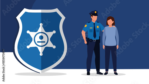 Police Officer Standing With Civilian Woman Next To Badge.