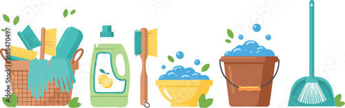 Natural eco friendly cleaning supplies set with detergent bucket brushes gloves and basket for domestic housework chores