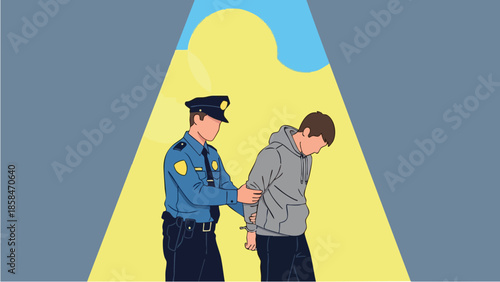 Police officer arresting a young man in handcuffs.