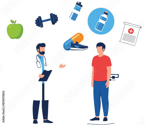 Medical doctor consulting patient about healthy lifestyle including diet nutrition exercise fitness medication and wellness for disease prevention