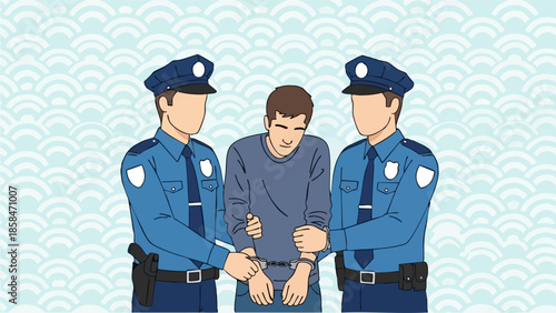 Two police officers arresting a man in handcuffs.