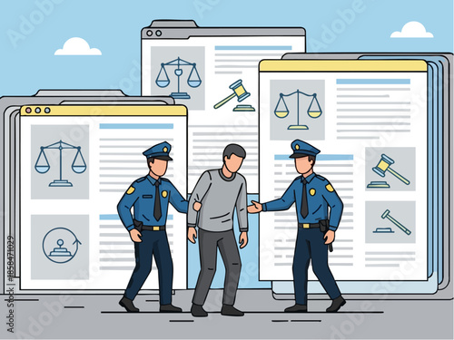 Two police officers escorting a man between legal documents.