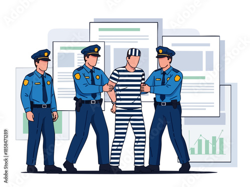 Police officers arresting a prisoner in striped uniform.
