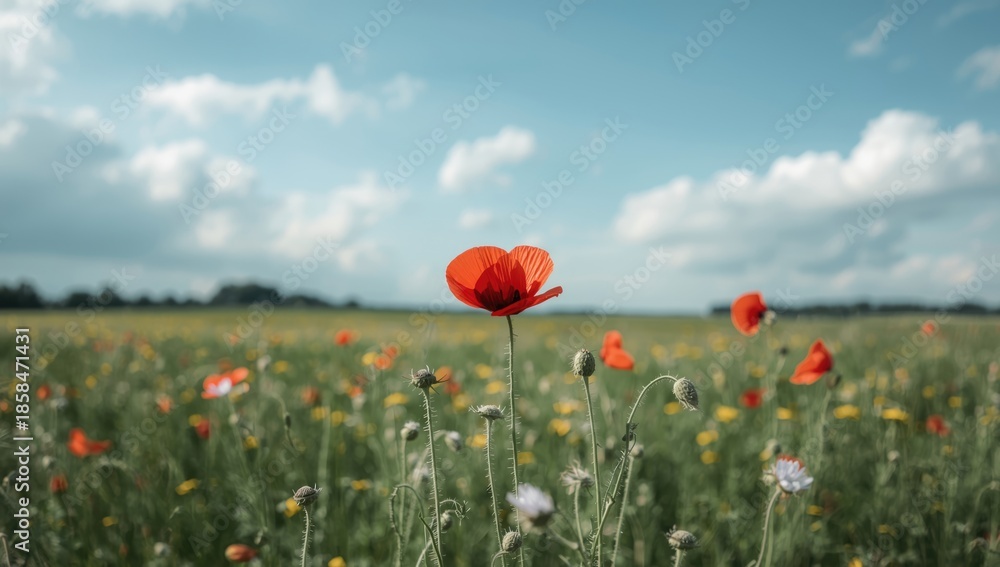 Obraz premium Poppy flower surrounded by seed capsules and native wildflowers, highlighting floral diversity in a summer landscape, nature preservation
