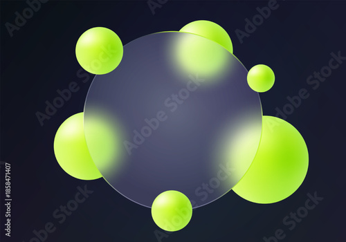 Dark abstract glassmorphism background with frosted circular panel and bright green spheres.