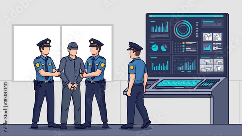 Police officers arresting a suspect in a control room.