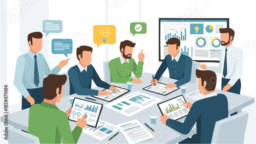 Business Meeting Discussion Around Table with Charts.