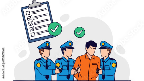 Prisoner escorted by police officers to correctional facility.