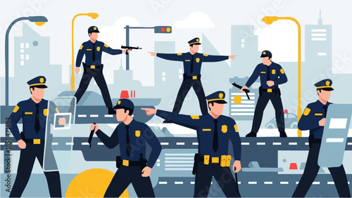 Group of Police Officers in Uniform Standing Ready.