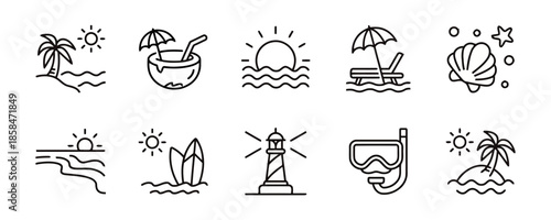 Collection of tropical beach icons depicting palm tree, coconut drink, sunrise, beach umbrella, seashell, sea, surfing board, lighthouse, diving mask and island