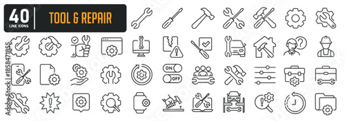 Collection of Tool and Repair Icons as Symbols for Maintenance Fix and Building Industry Service Outline Glyph Sign Pictogram or Mechanic Work Equipment Elements