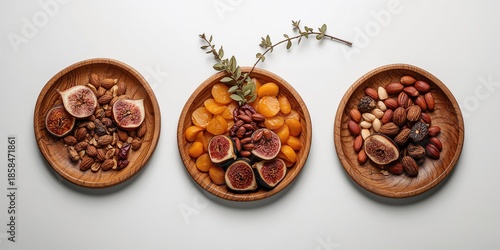 Dried fruits and nuts on a wooden surface used as a snack plate, highlighting healthy food choices and natural ingredients