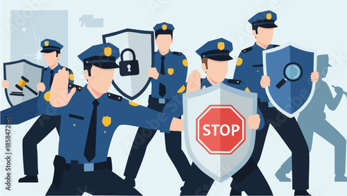 Police Officers Protecting With Shields Security Concept.