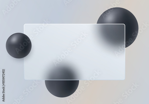 Light glass morphism banner with translucent rectangular panel and dark floating spheres