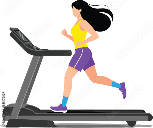 Healthy young woman running on a modern treadmill for cardio workout fitness training at home or gym