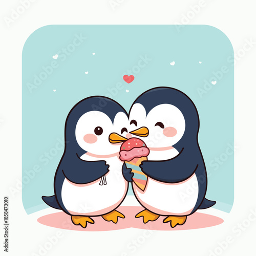 Cute Penguin Couple Sharing Ice Cream Illustration for Valentine’s Day