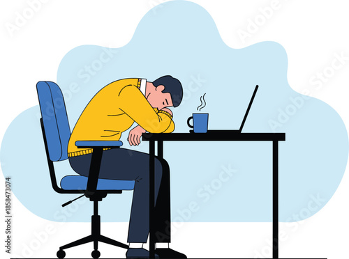 Tired businessman sleeping on office desk with laptop and coffee cup representing burnout stress and workplace exhaustion