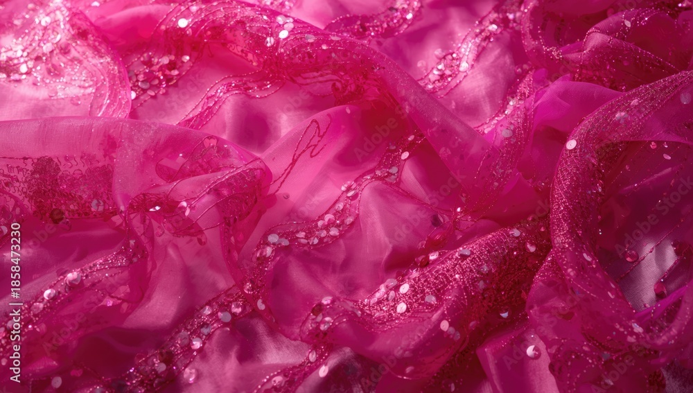 Fototapeta premium Sparkling sequins and stitched glitter on a chiffon saree textile backdrop, ideal for editorial design