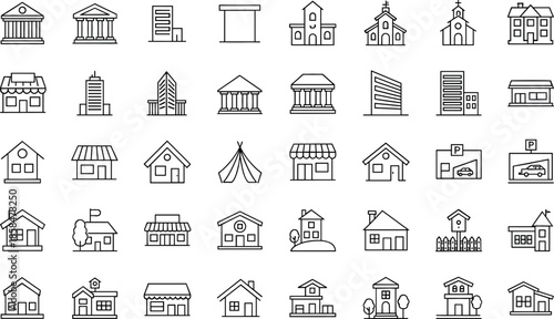 Set of minimalist building line icons featuring houses offices stores banks churches and real estate architecture vector elements