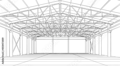 Empty industrial building interior line art illustration featuring steel roof truss system and structural columns for architectural blueprints
