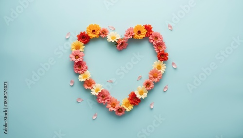 Floral heart design using petals and blooms on a pastel blue backdrop, ideal for holiday celebrations like Valentine's or Mother's Day