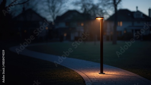 Lighting along a park walkway featuring contemporary lamp posts and residential background, urban safety lighting, Earth Day