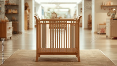 Wooden cot with a softly out-of-focus background in furniture retail, ideal for layout and catalog use