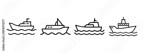 Set of four different boats sailing on the ocean waves on transparent background