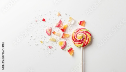 Smashed lollipop and broken candy on a stick, illustrating confectionery breakage for cleanup procedures