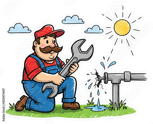 A friendly cartoon plumber prepares to fix a broken, leaky pipe with a giant wrench