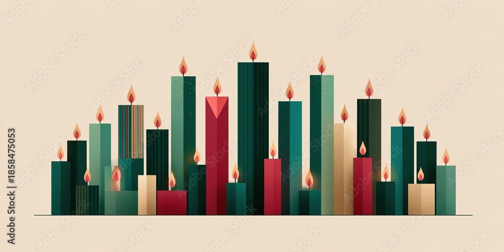 Obraz premium Colorful candles in various heights are arranged on a light background for decoration and celebration in a festive setting