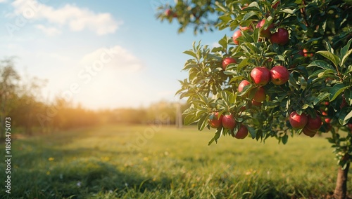 Ripe red apples attached to a tree branch amidst vibrant green foliage, highlighting fruit ripening