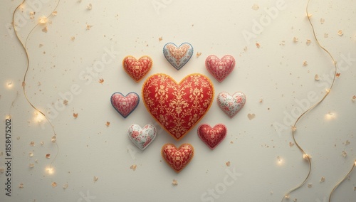 Colorful Valentines Day heart shapes forming a backdrop for design or editorial purposes